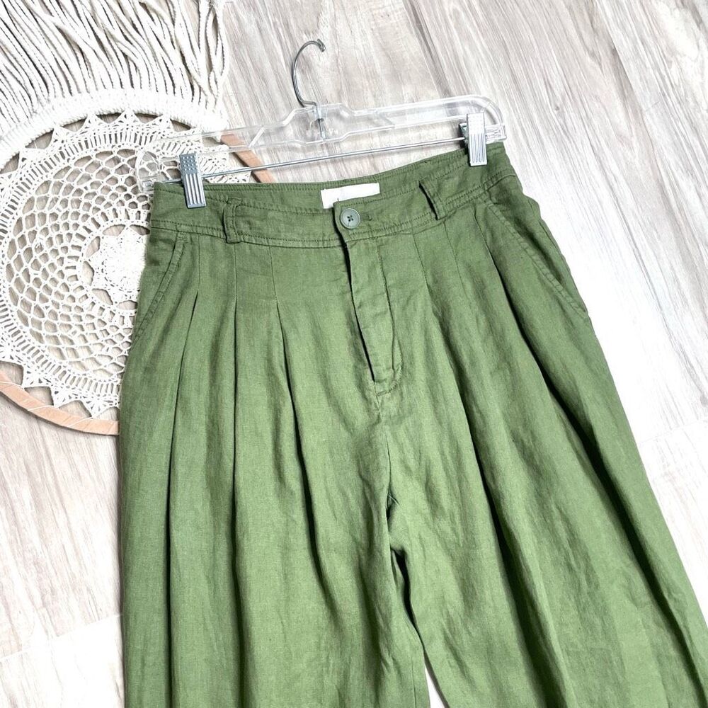 Anthropologie Ankle-Tie bell bottom 100% linen‎ pants Size 0 green - Picture 5 of 14